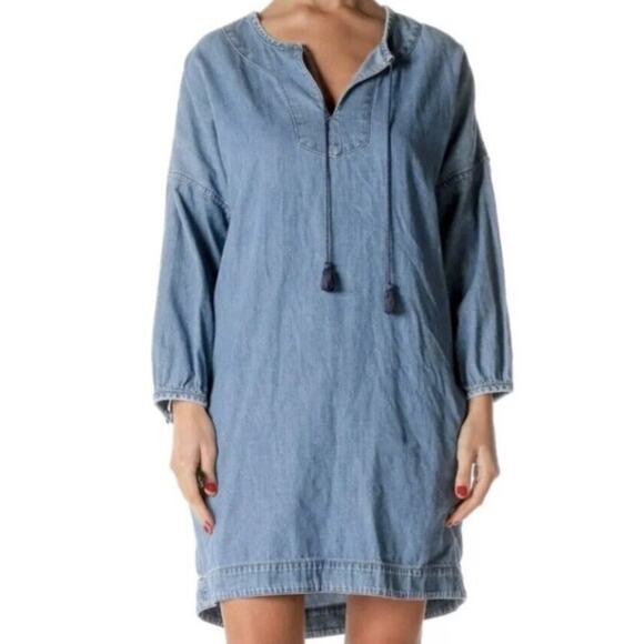 Small Oversized Chambray Lounge Dress Pockets Tassels Beachy Boho Coastal Loft - Picture 1 of 10